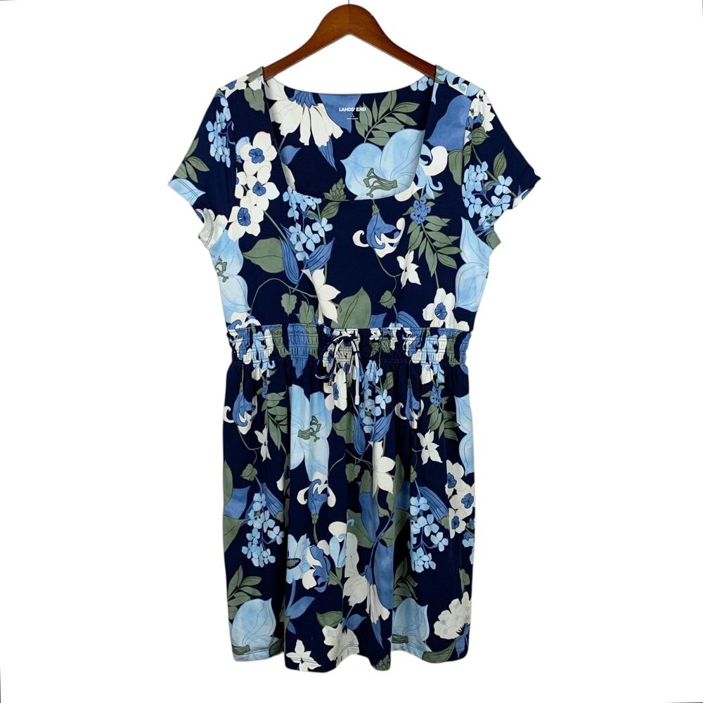 Lands End Smocked Waist Dress Short Sleeve Knee Length Blue Floral Women's L